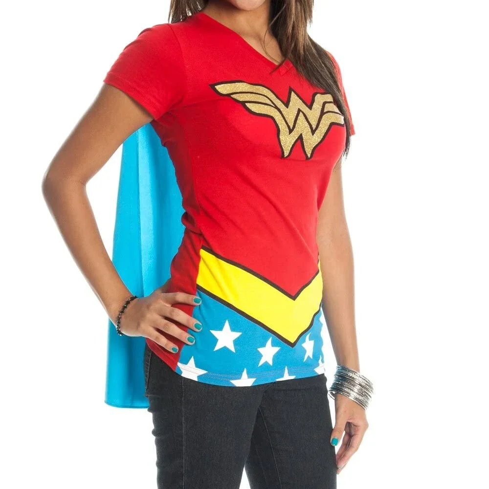 Wonder Woman Glitter Logo Juniors Costume Cosplay Cape T-Shirt Tee Shirt DC- NW